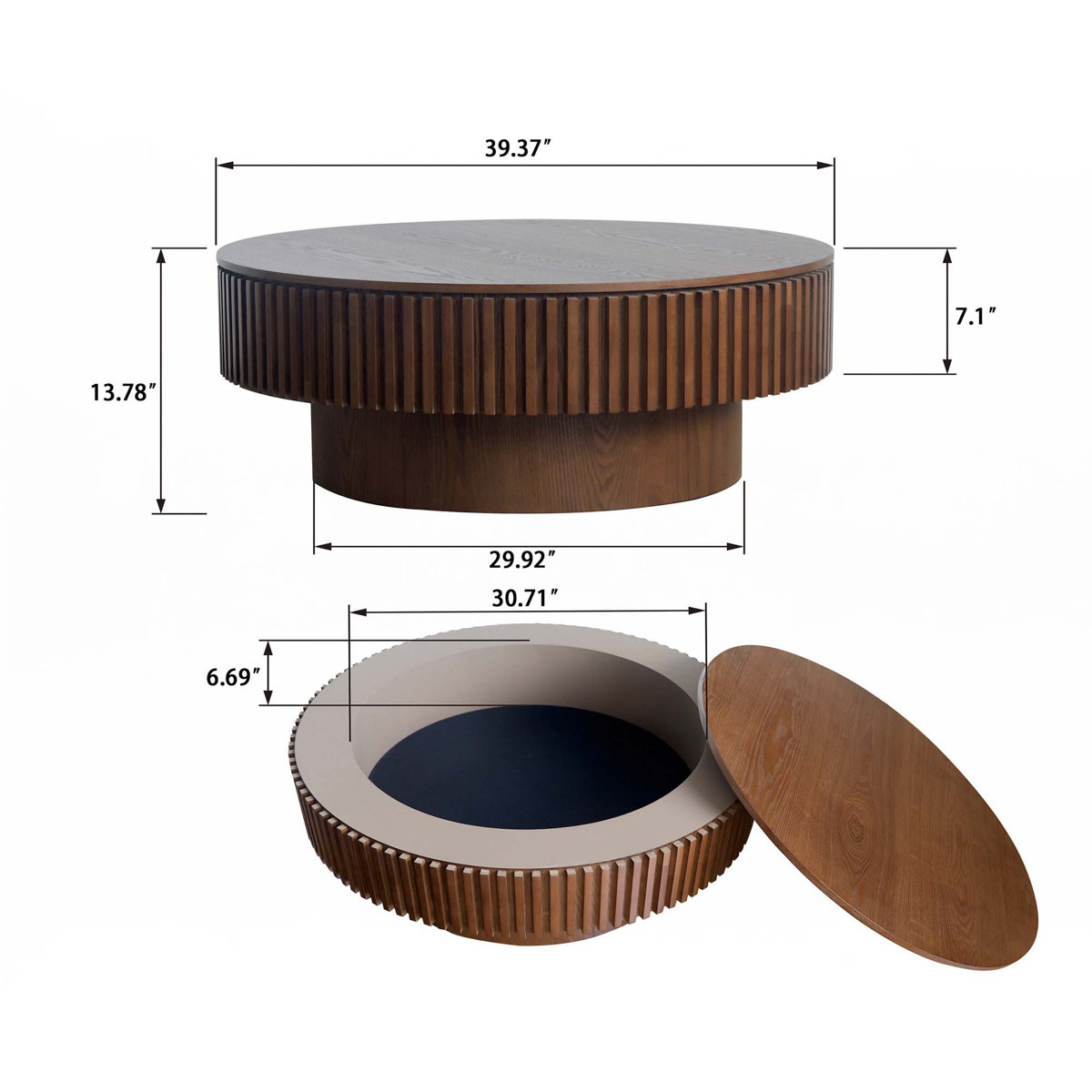 38.6'' Fluted Lift-top Coffee Table Solid Wood Veneered Modern Coffee Table Accent Tea Table with Storage and Adjustable Height for Living Room, Bedroom, Apartment or Office, Walnut